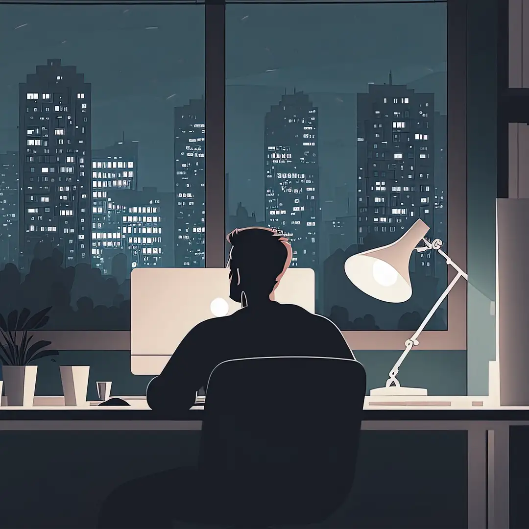 Man sitting at a desk at night looking out a window